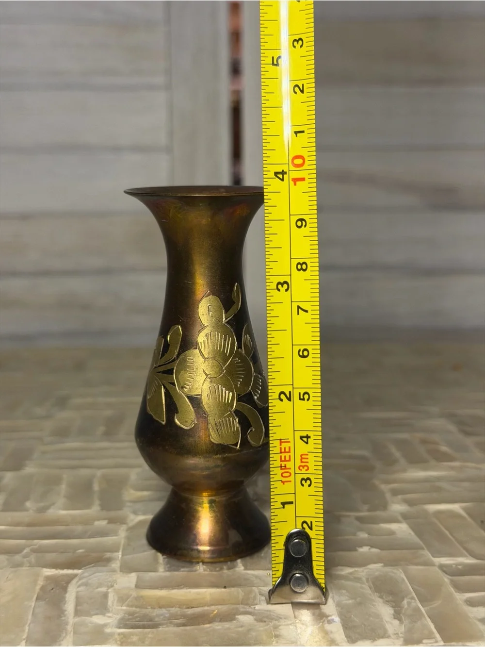 Vintage Etched Brass Floral Bud Vase w/ Iridescent Finish